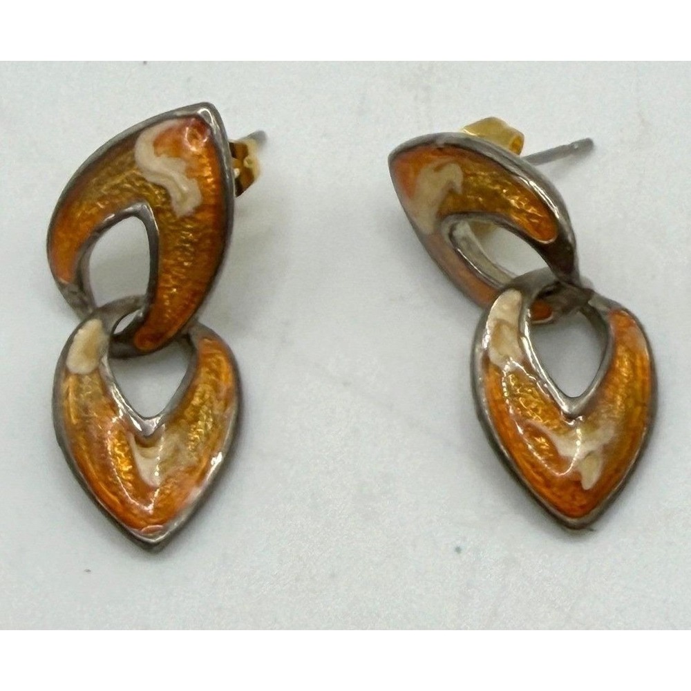 Vintage Enamel Dangle Earrings Brown‎ Cream Abstract 1" Retro Art Minimalist